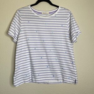 Woolovers short-sleeve top women’s medium purple white stripe blue dots EUC